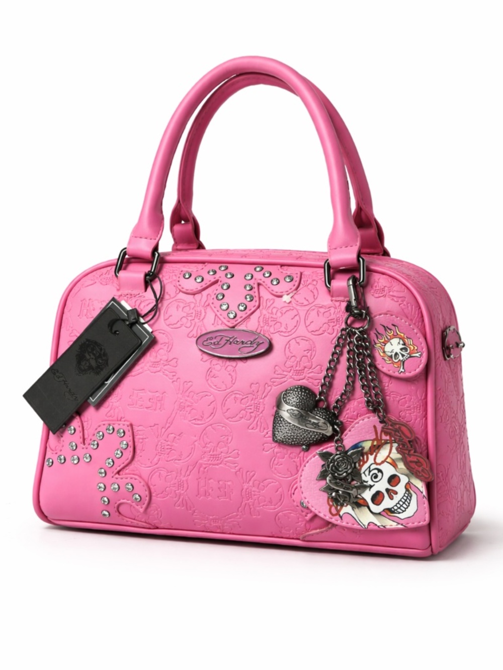 NWT Ed Hardy Skull Embossed Satchel Bag Pink Rhinestone Charm Crossbody